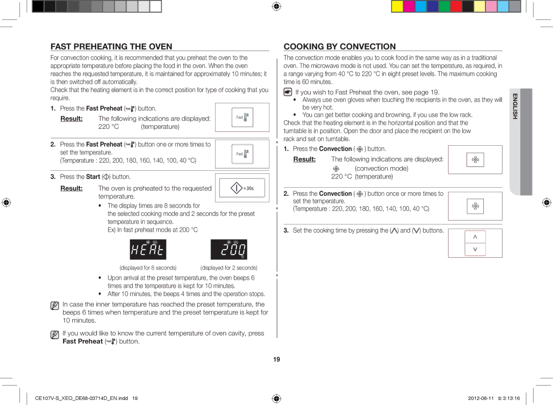 Samsung CE107V-B/XEO, CE107V/XEH manual Fast Preheating the Oven, Cooking by Convection, C Temperature, Set the temperature 