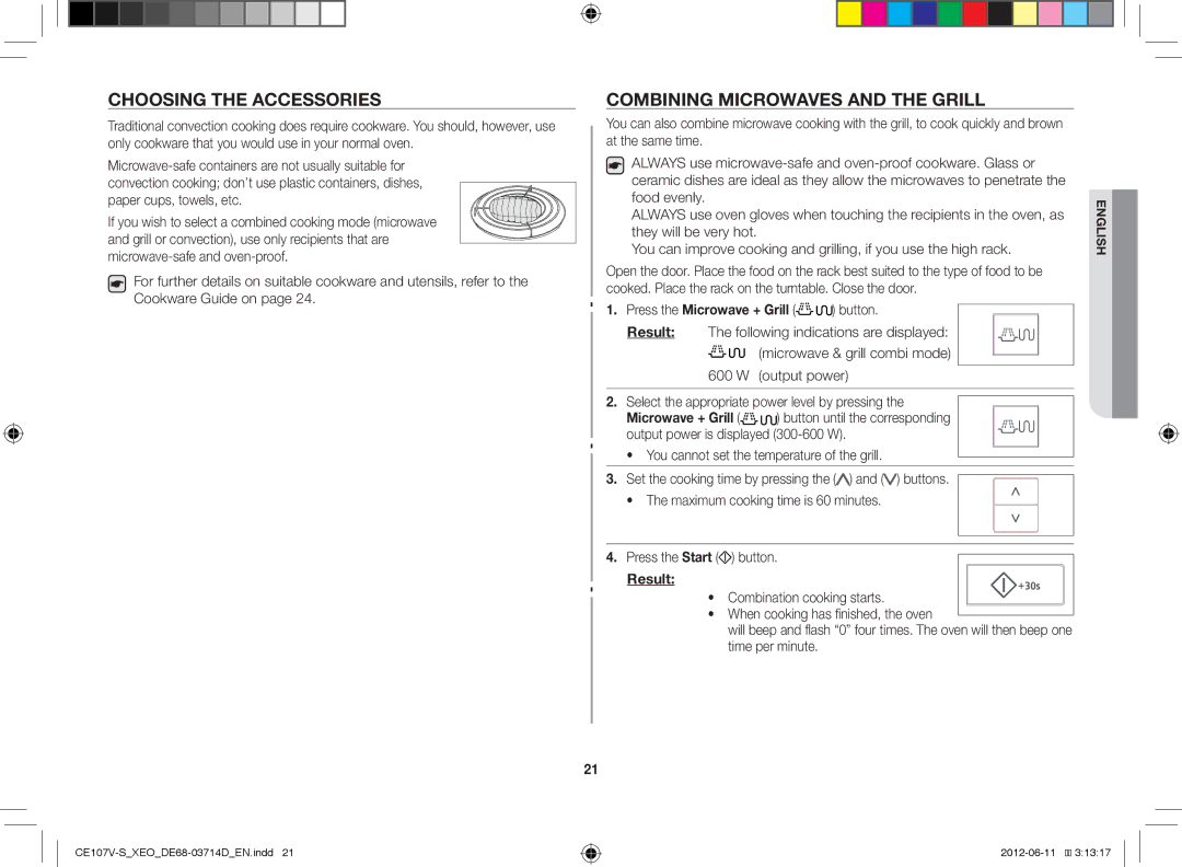 Samsung CE107V-B/XEO, CE107V/XEH manual Choosing the Accessories, Combining Microwaves and the Grill, Food evenly 