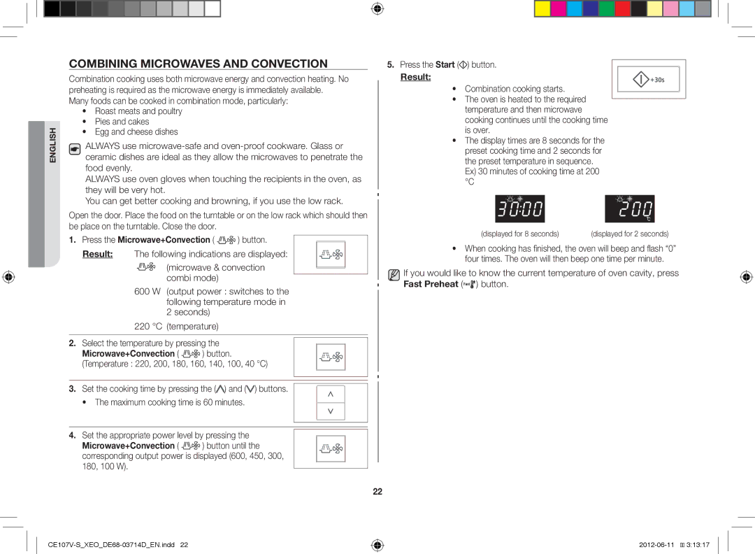 Samsung CE107V/XEH, CE107V-B/XEO manual Combining Microwaves and Convection, Press the Microwave+Convection button 