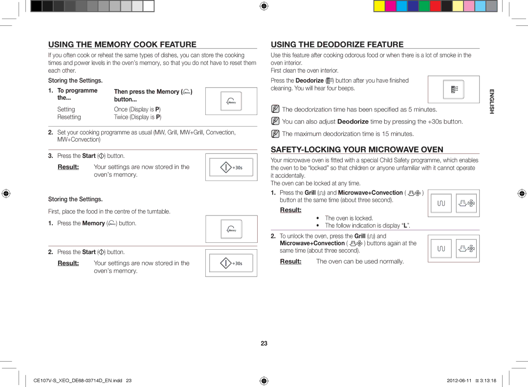 Samsung CE107V-B/XEO manual Using the Memory Cook Feature, Using the Deodorize Feature, SAFETY-LOCKING Your Microwave Oven 