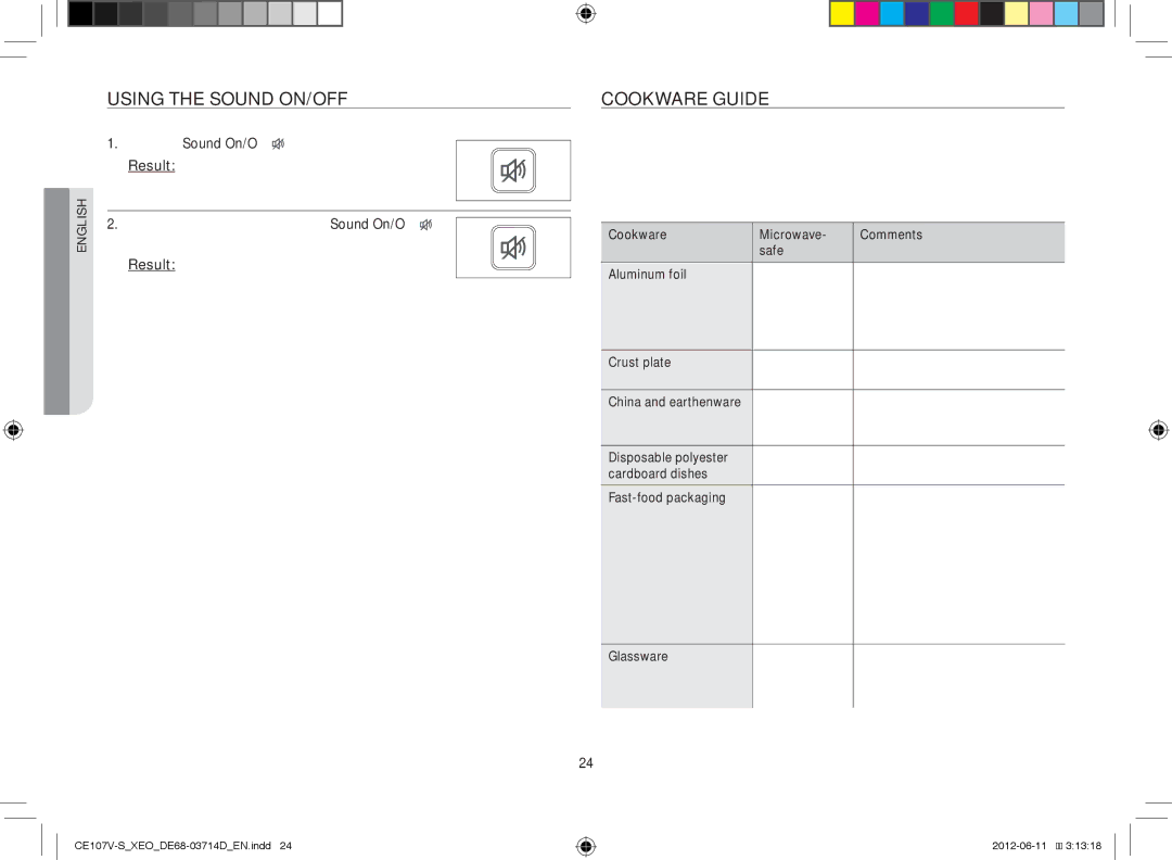 Samsung CE107V/XEH, CE107V-B/XEO manual Using the Sound ON/OFF, Cookware Guide 