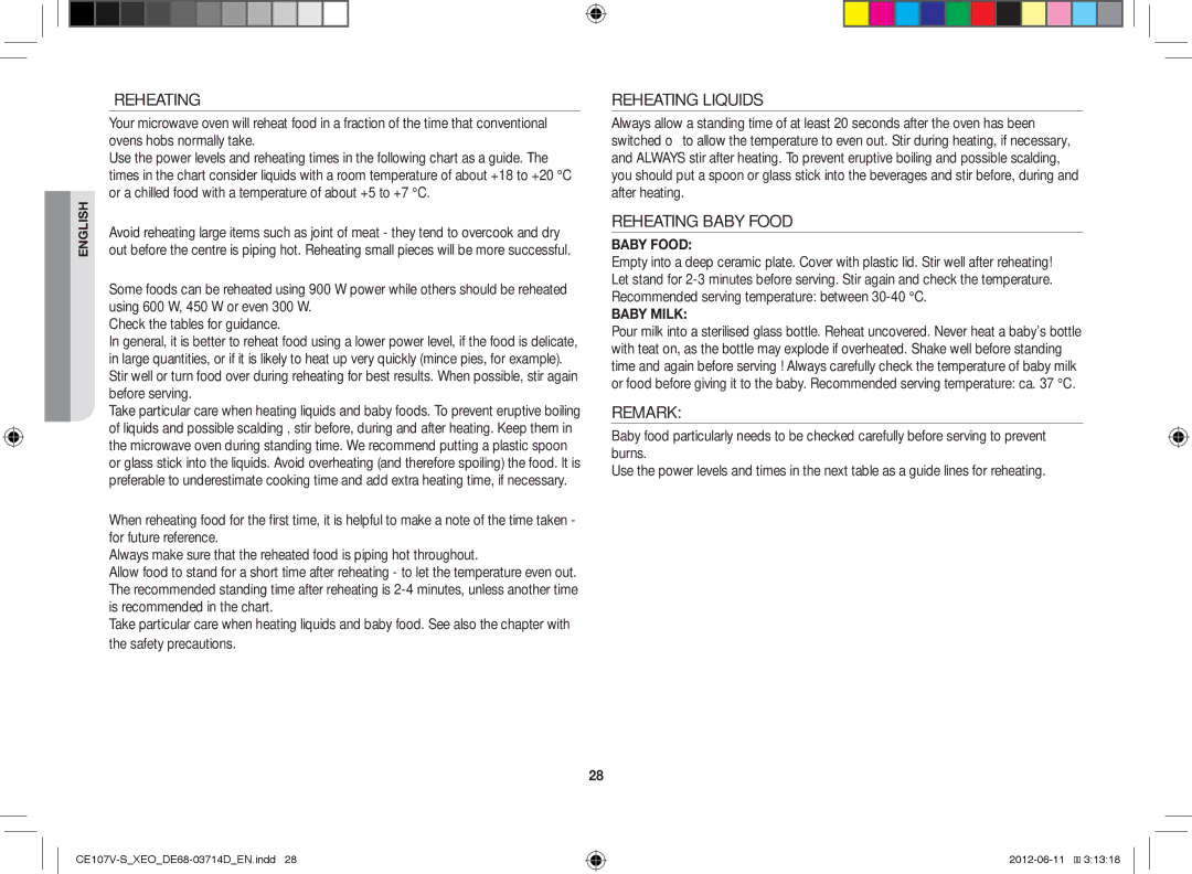 Samsung CE107V/XEH, CE107V-B/XEO manual Reheating Liquids, Reheating Baby Food, Remark, Arranging and covering 