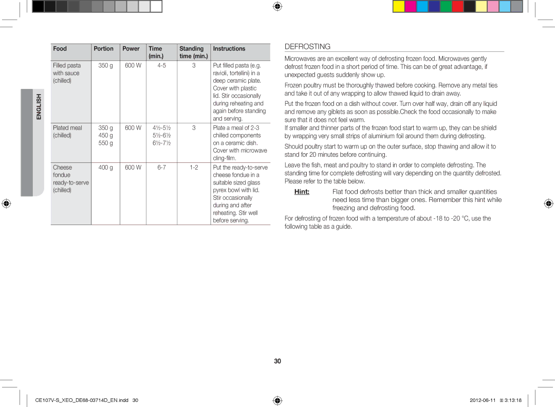 Samsung CE107V/XEH, CE107V-B/XEO manual Defrosting 