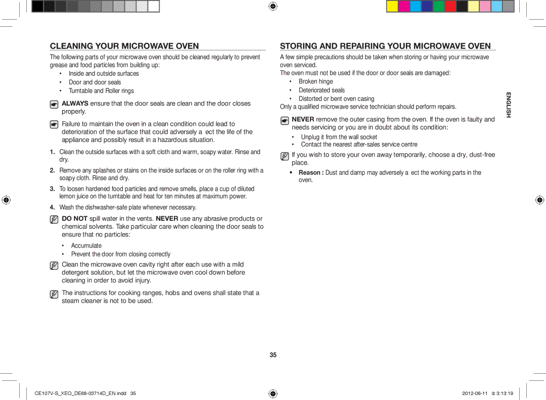 Samsung CE107V-B/XEO, CE107V/XEH manual Cleaning Your Microwave Oven, Storing and Repairing Your Microwave Oven 