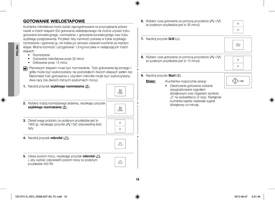 Samsung CE107V/XEH, CE107V-B/XEO Gotowanie Wieloetapowe, Szybkiego rozmrażania, Przykładzie 450 W, Naciśnij przycisk Grill 