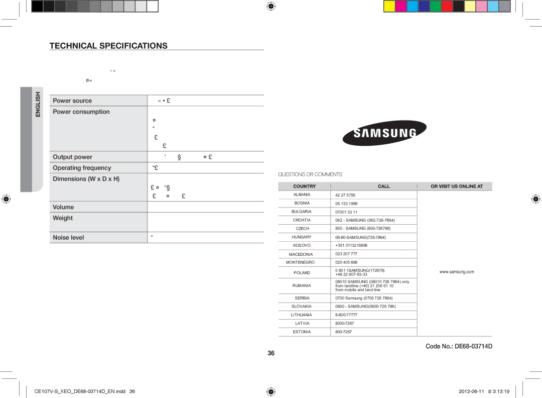 Samsung CE107V/XEH, CE107V-B/XEO manual Technical Specifications, Code No. DE68-03714D 