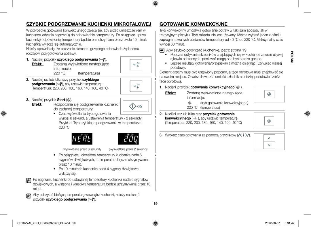 Samsung CE107V-B/XEO, CE107V/XEH manual Szybkie Podgrzewanie Kuchenki Mikrofalowej, Gotowanie Konwekcyjne 