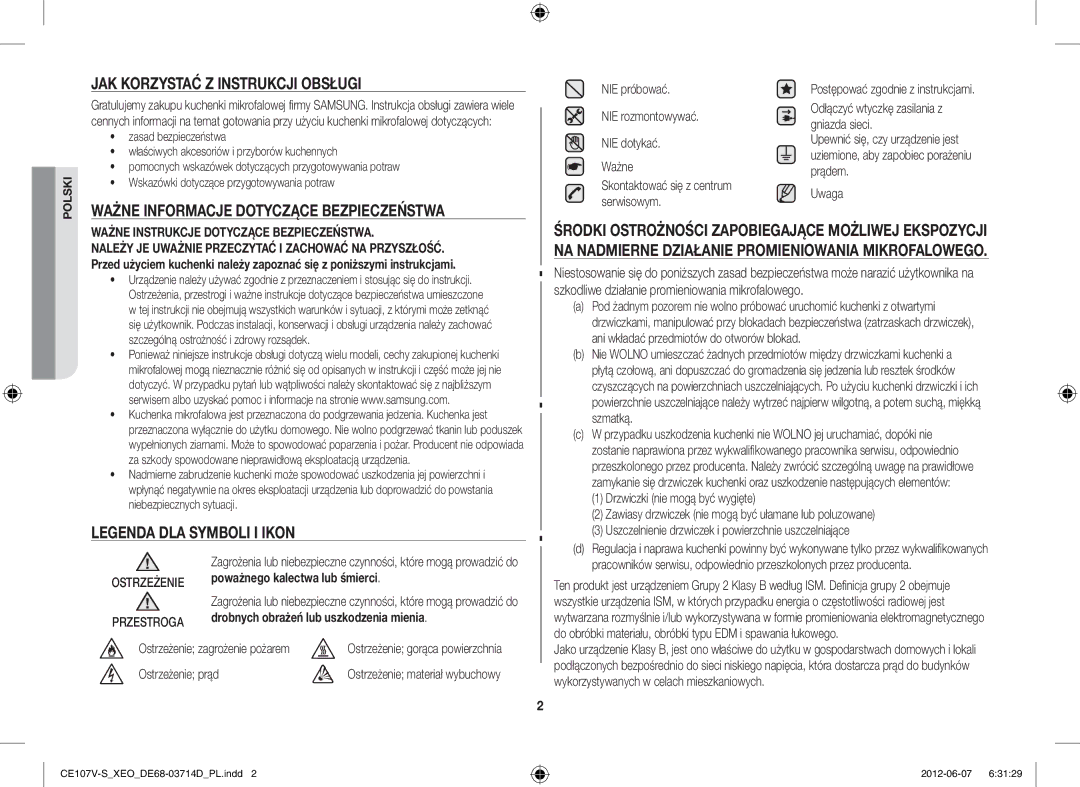 Samsung CE107V/XEH, CE107V-B/XEO manual JAK Korzystać Z Instrukcji Obsługi, Ważne Informacje Dotyczące Bezpieczeństwa 