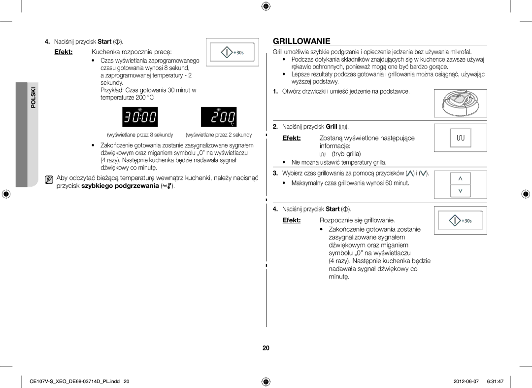 Samsung CE107V/XEH, CE107V-B/XEO manual Grillowanie, Przycisk szybkiego podgrzewania 