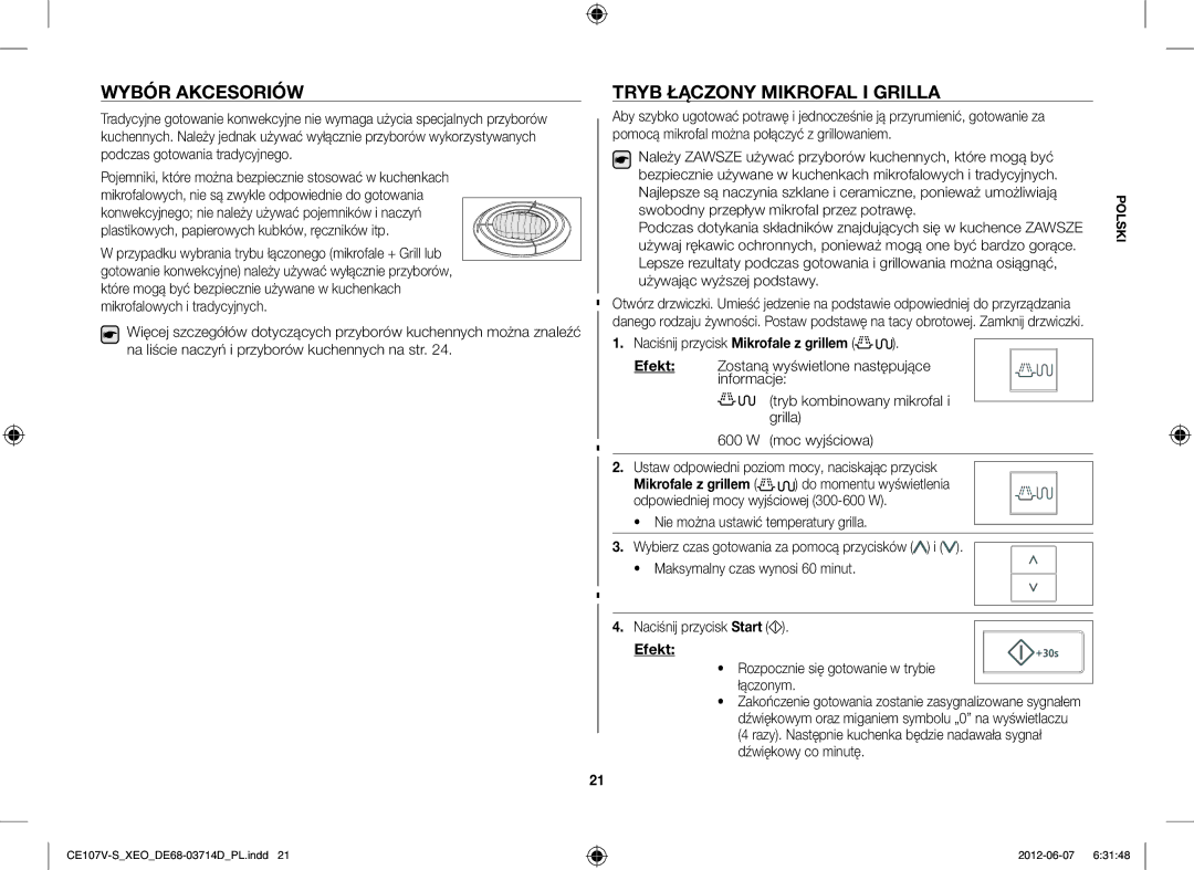 Samsung CE107V-B/XEO manual Wybór Akcesoriów, Tryb Łączony Mikrofal I Grilla, Rozpocznie się gotowanie w trybie, Łączonym 