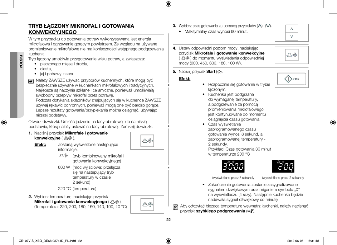 Samsung CE107V/XEH Tryb Łączony Mikrofal I Gotowania Konwekcyjnego, Naciśnij przycisk Mikrofale i gotowanie Konwekcyjne 