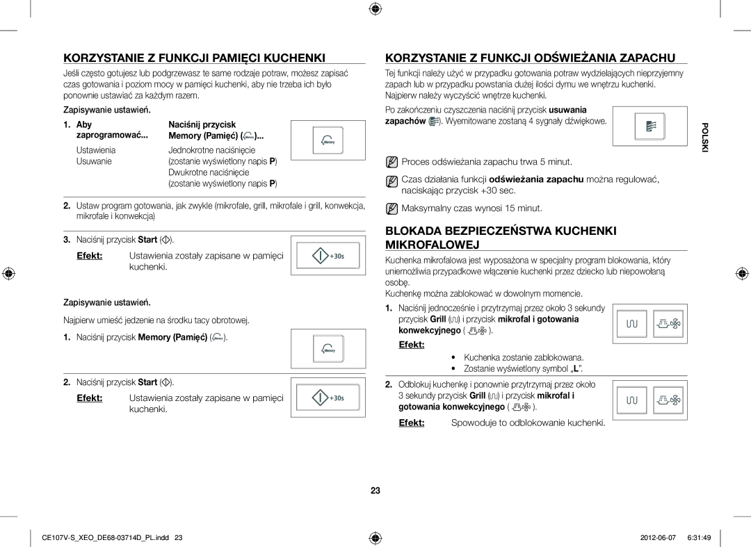 Samsung CE107V-B/XEO, CE107V/XEH manual Korzystanie Z Funkcji Pamięci Kuchenki, Korzystanie Z Funkcji Odświeżania Zapachu 