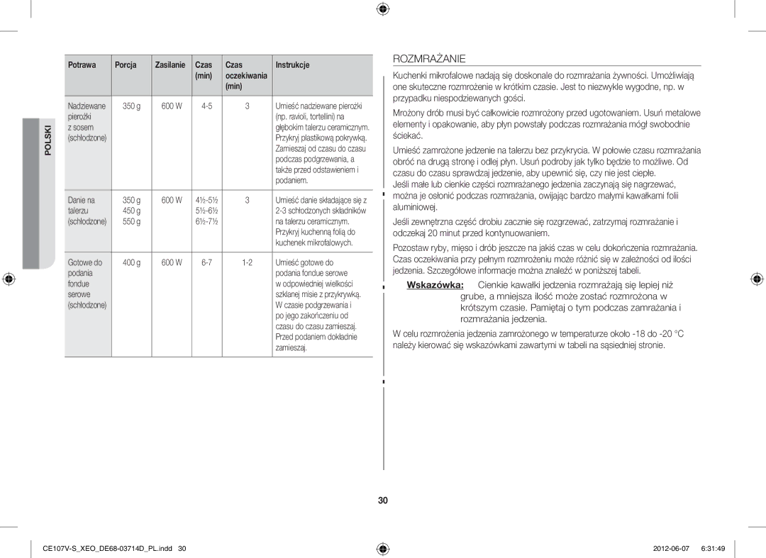 Samsung CE107V/XEH, CE107V-B/XEO manual Rozmrażanie 