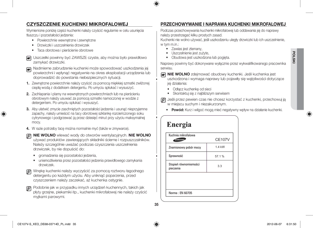 Samsung CE107V-B/XEO, CE107V/XEH manual Czyszczenie Kuchenki Mikrofalowej 