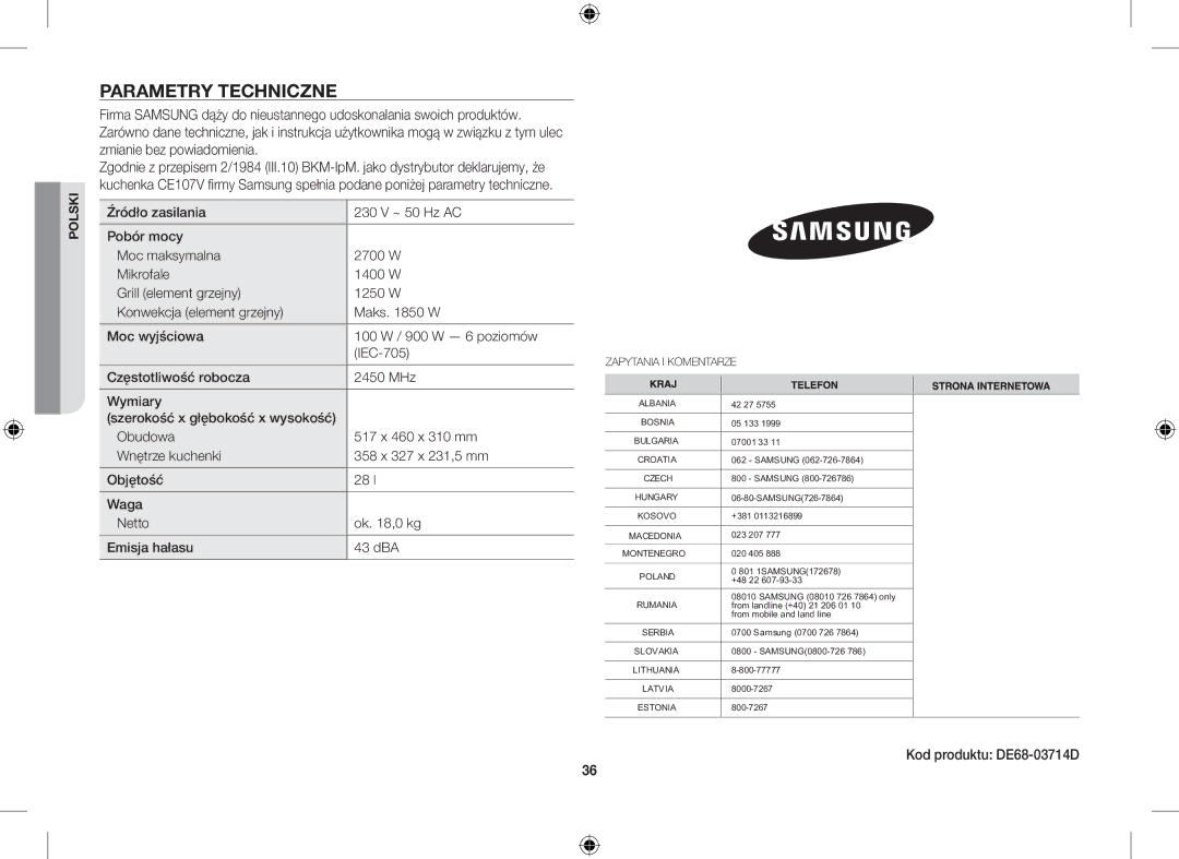 Samsung CE107V/XEH, CE107V-B/XEO manual Parametry Techniczne, Kod produktu DE68-03714D 