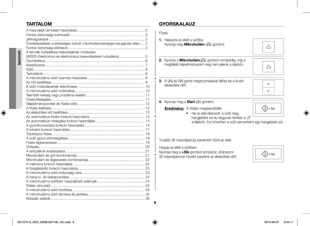 Samsung CE107V/XEH, CE107V-B/XEO manual Tartalom, Gyorskalauz 