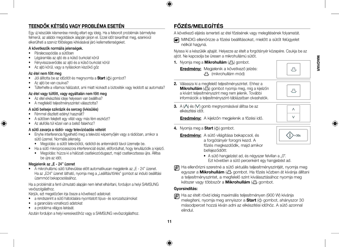 Samsung CE107V-B/XEO, CE107V/XEH manual Teendők Kétség Vagy Probléma Esetén, Főzés/Melegítés, Gyorsindítás 