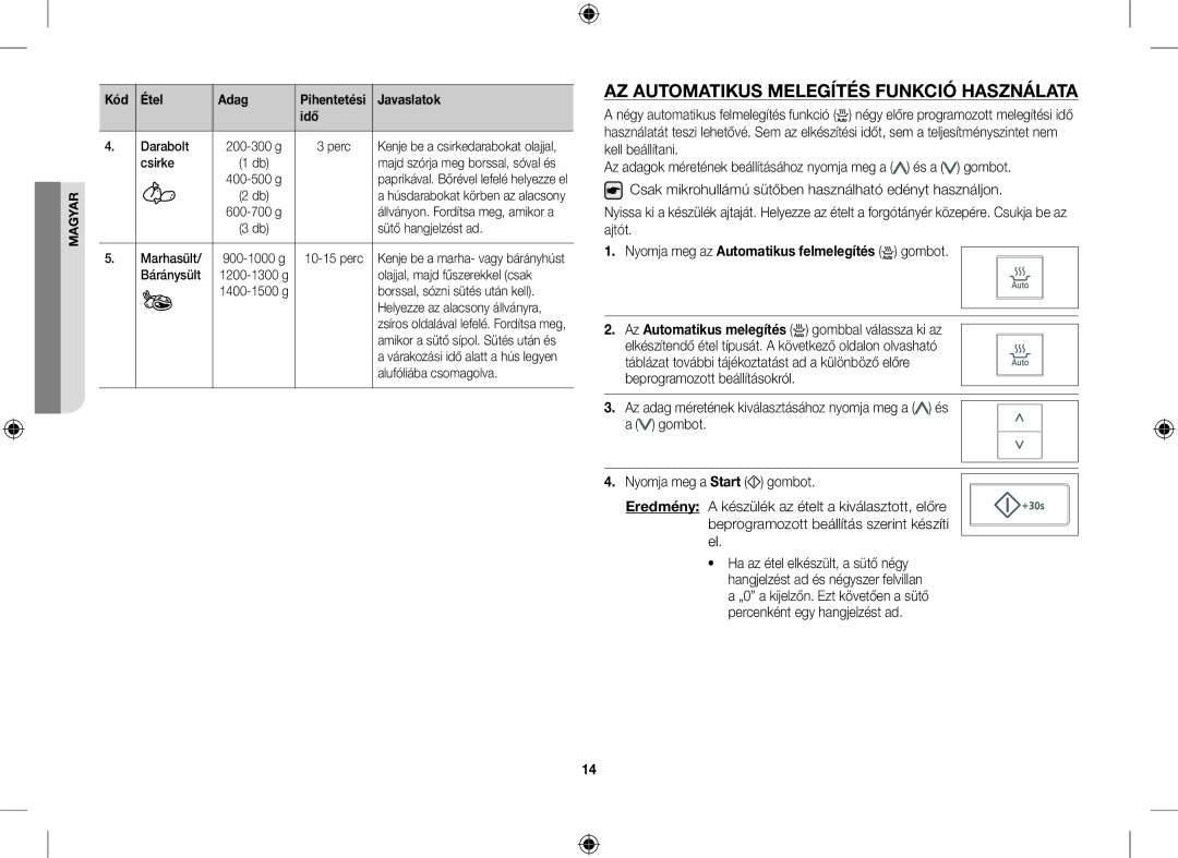 Samsung CE107V/XEH manual AZ Automatikus Melegítés Funkció Használata, Nyomja meg az Automatikus felmelegítés gombot 