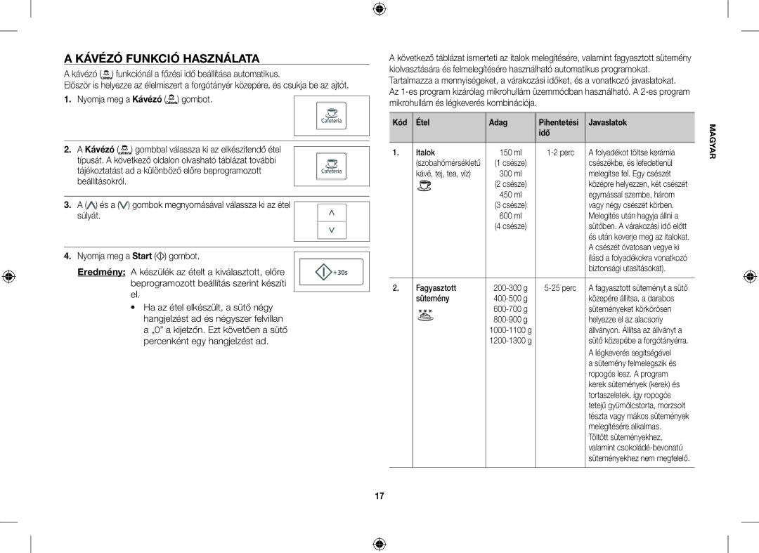 Samsung CE107V-B/XEO, CE107V/XEH manual Kávézó Funkció Használata, Kávézó funkciónál a főzési idő beállítása automatikus 