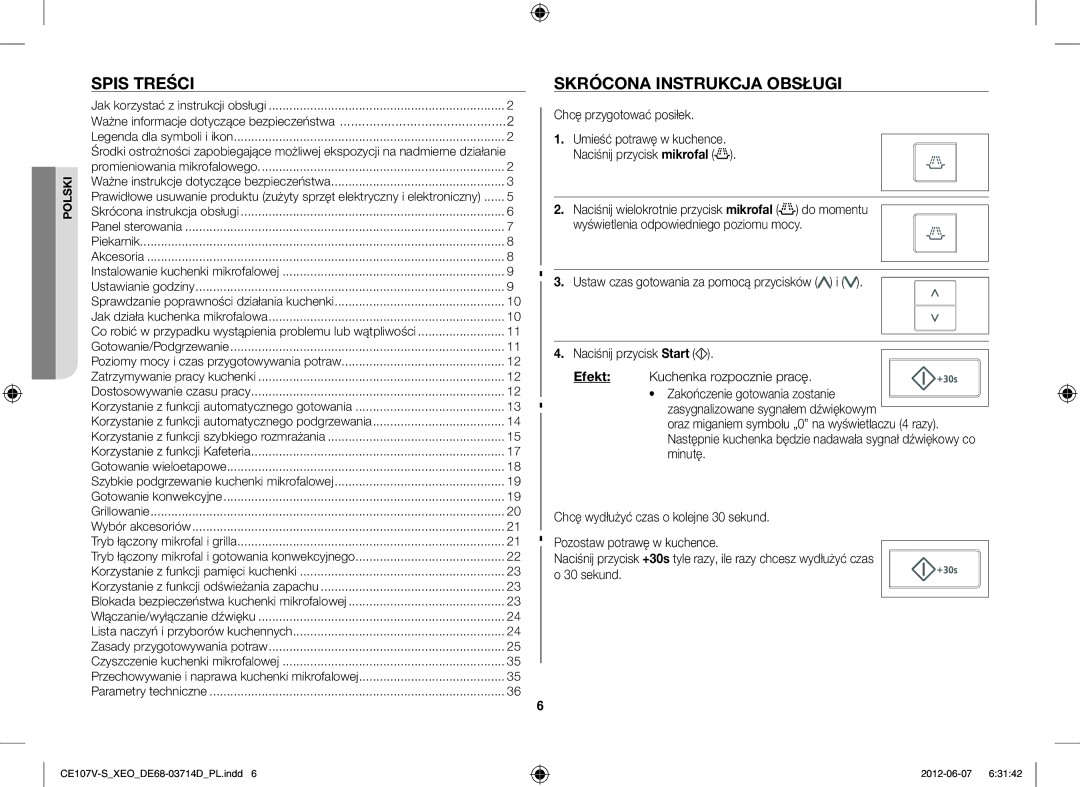 Samsung CE107V/XEH, CE107V-B/XEO manual Spis Treści, Skrócona Instrukcja Obsługi, Efekt 