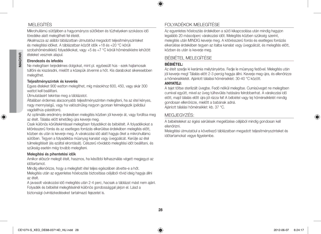 Samsung CE107V/XEH, CE107V-B/XEO manual Folyadékok Melegítése, Bébiétel Melegítése, Megjegyzés 