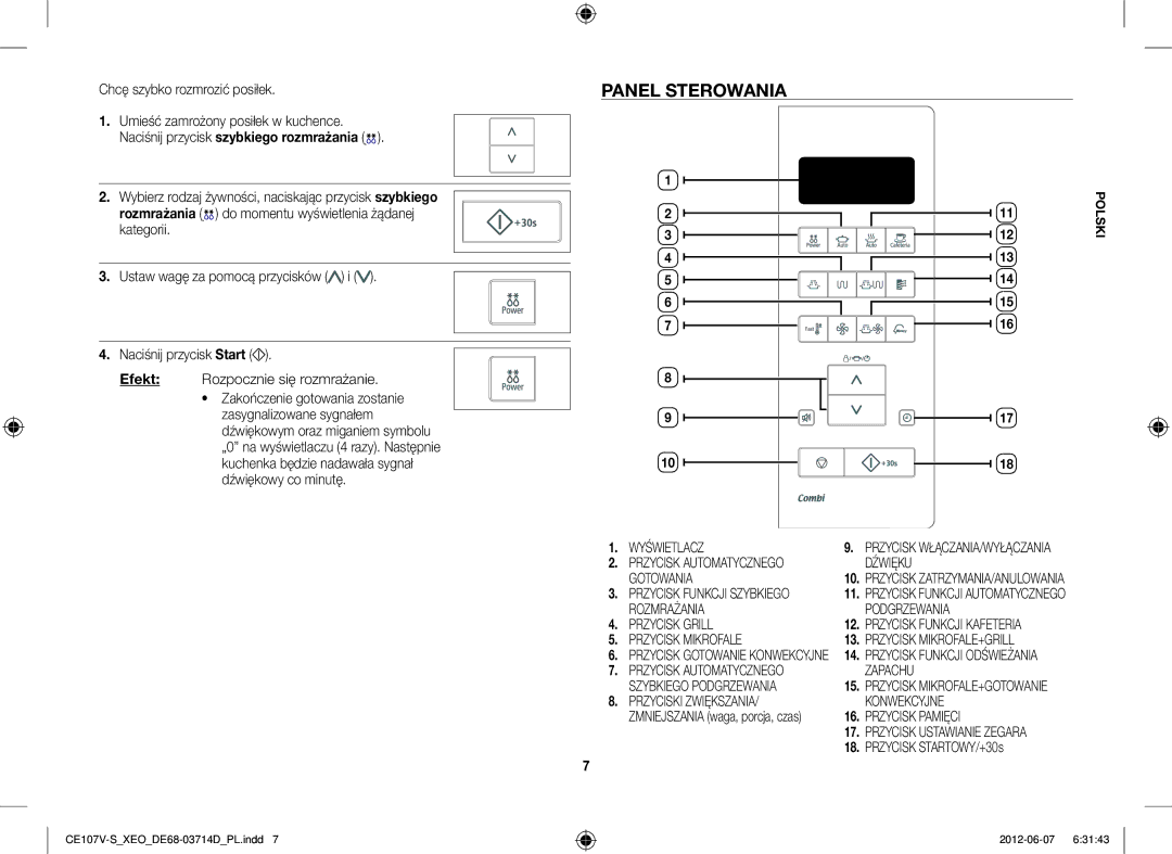 Samsung CE107V-B/XEO, CE107V/XEH manual Panel Sterowania, Chcę szybko rozmrozić posiłek, Przycisk STARTOWY/+30s 