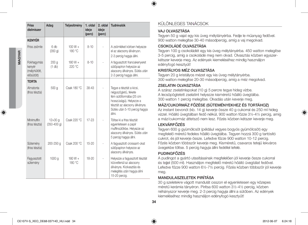 Samsung CE107V/XEH, CE107V-B/XEO manual Különleges Tanácsok, Száraz zselatinlapokat 10 g 5 percre tegye hideg vízbe 