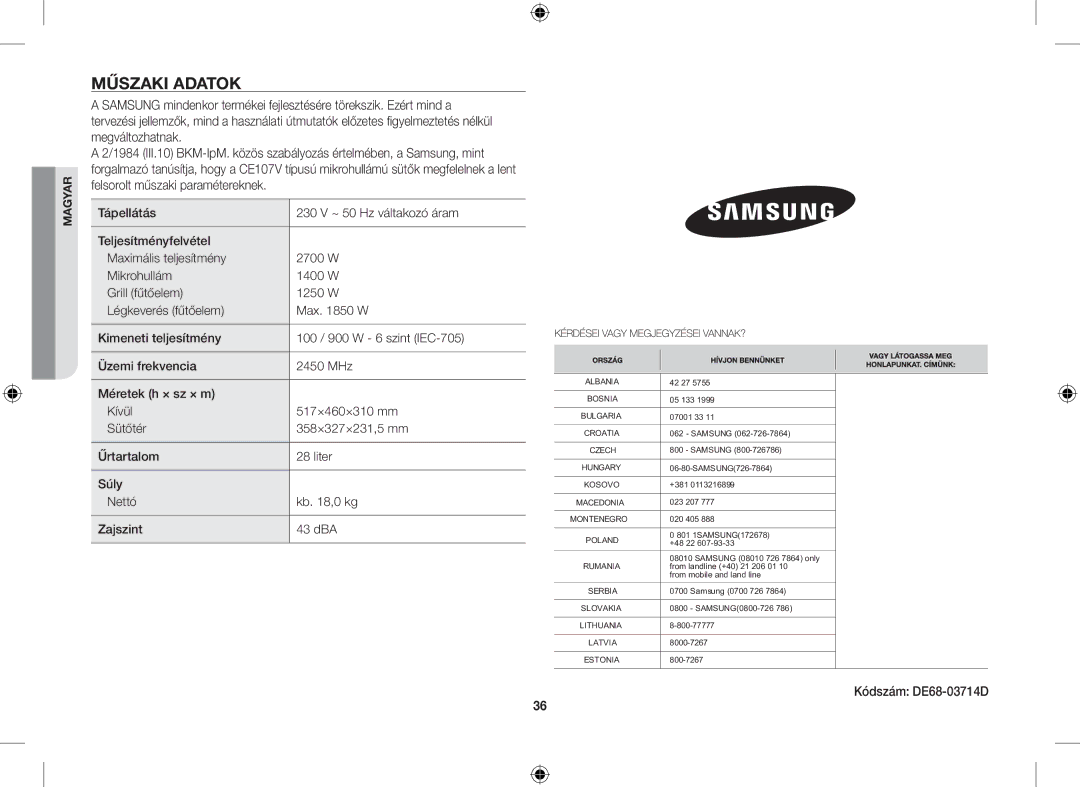 Samsung CE107V/XEH, CE107V-B/XEO manual Műszaki Adatok, Kódszám DE68-03714D 