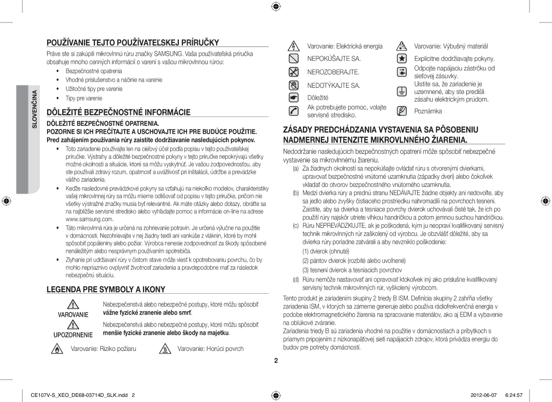 Samsung CE107V/XEH, CE107V-B/XEO manual Používanie Tejto Používateľskej Príručky, Dôležité Bezpečnostné Informácie 