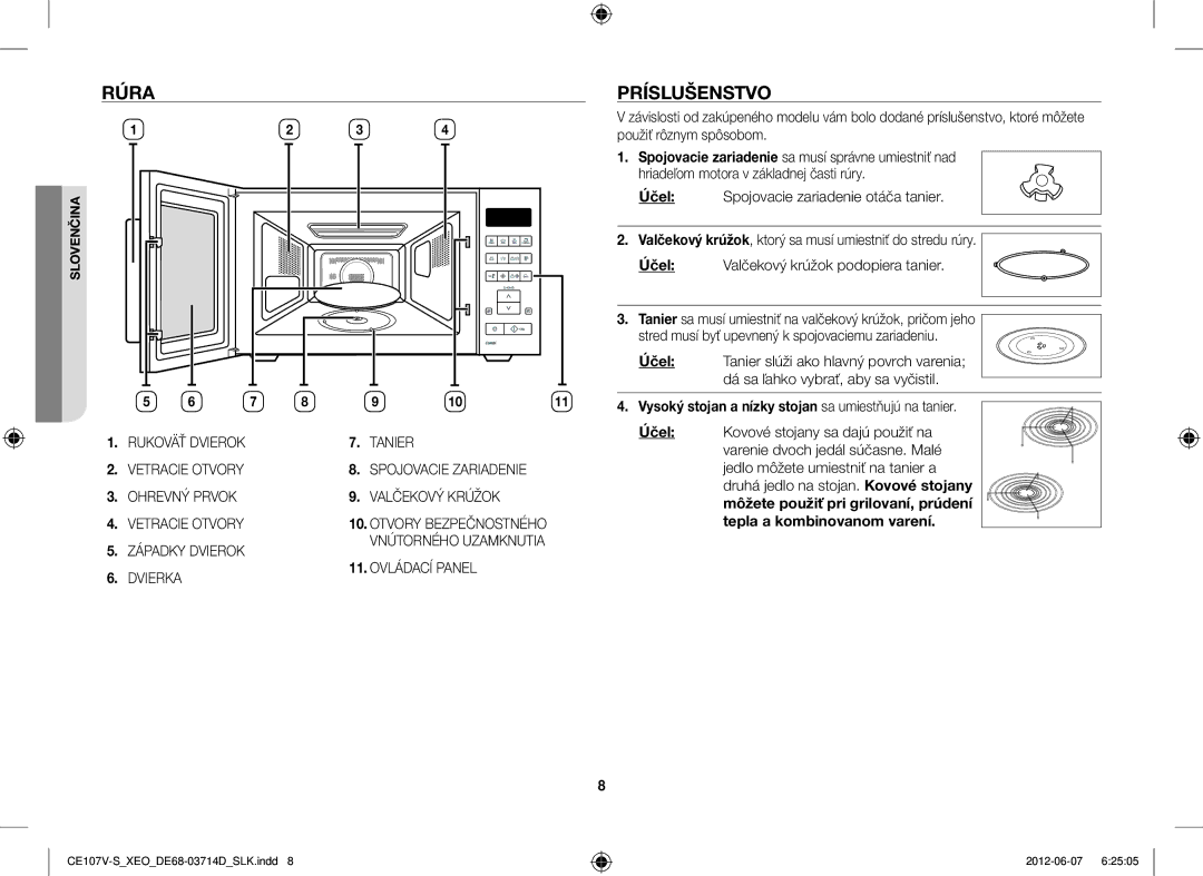 Samsung CE107V/XEH, CE107V-B/XEO manual Rúra, Príslušenstvo, Vysoký stojan a nízky stojan sa umiestňujú na tanier Účel 