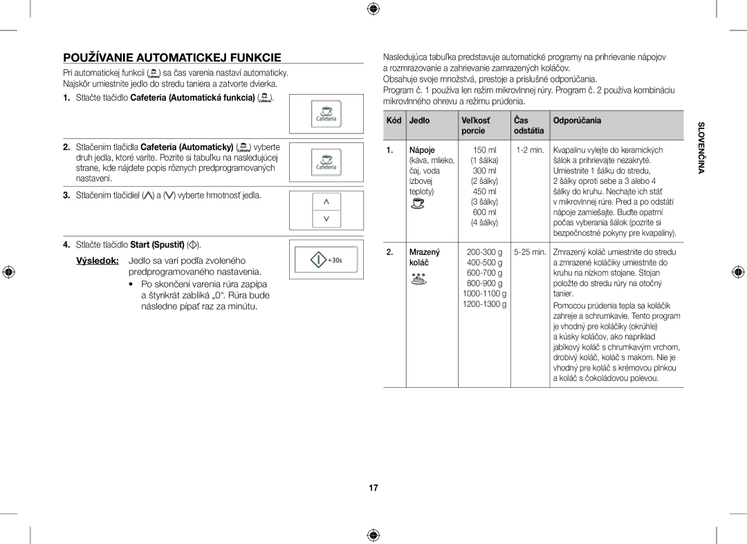 Samsung CE107V-B/XEO Používanie Automatickej Funkcie, Stlačte tlačidlo Cafeteria Automatická funkcia, Porcie Odstátia 