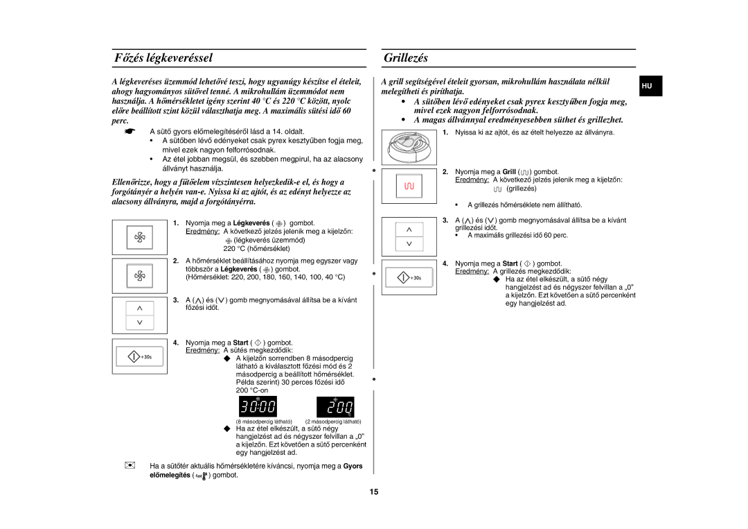 Samsung CE107V-B/XEO, CE107V/XEH manual Főzés légkeveréssel, Grillezés 