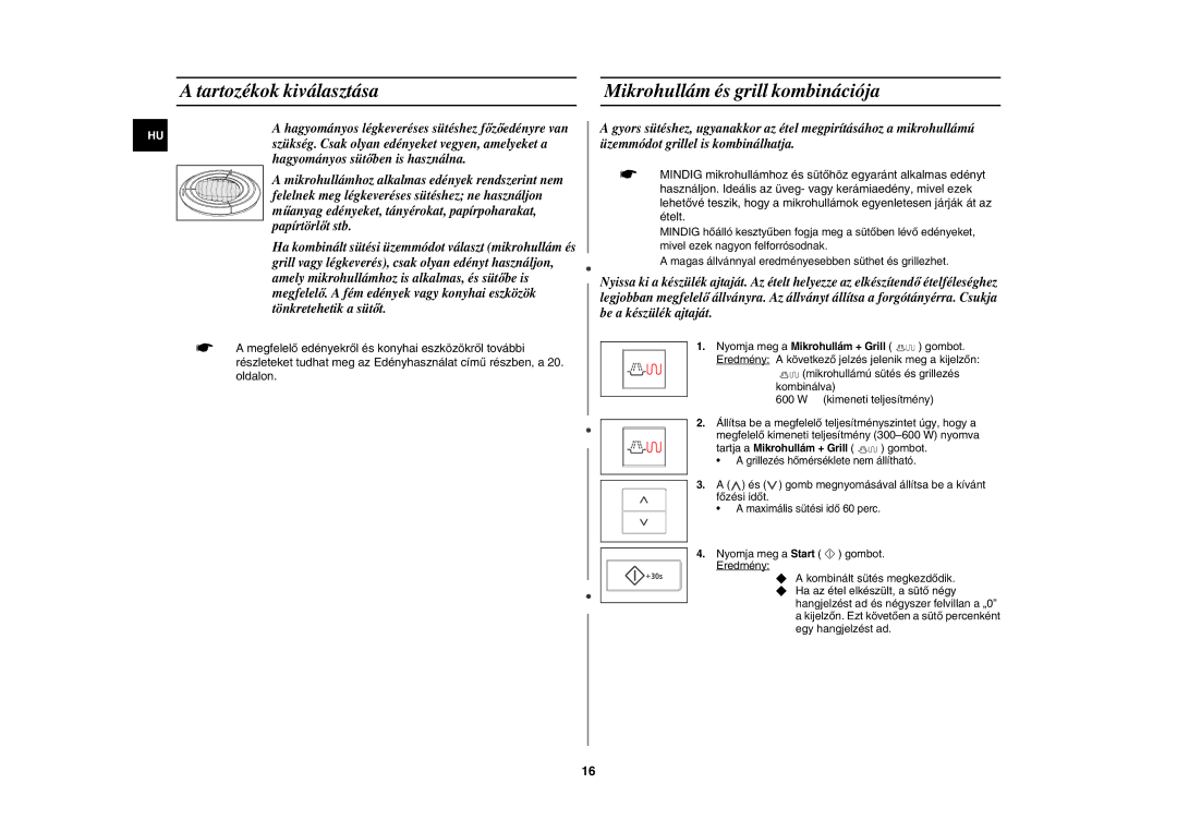 Samsung CE107V/XEH, CE107V-B/XEO manual Tartozékok kiválasztása, Mikrohullám és grill kombinációja 