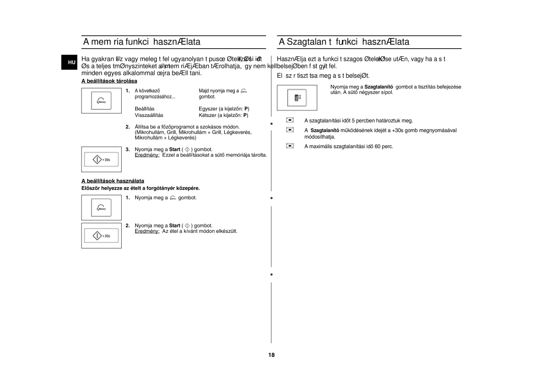 Samsung CE107V/XEH, CE107V-B/XEO manual Memória funkció használata Szagtalanító funkció használata, Beállítások tárolása 