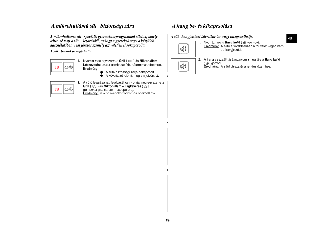 Samsung CE107V-B/XEO, CE107V/XEH manual Mikrohullámú sütő biztonsági zára, Hang be- és kikapcsolása 