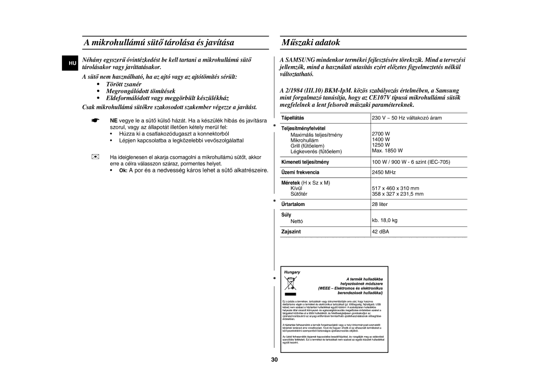 Samsung CE107V/XEH, CE107V-B/XEO manual Mikrohullámú sütő tárolása és javítása, Műszaki adatok, Zajszint 