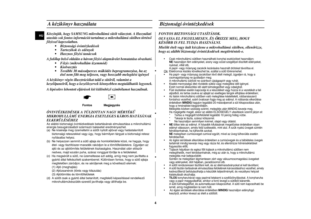 Samsung CE107V/XEH, CE107V-B/XEO manual Kézikönyv használata Biztonsági óvintézkedések, FontosMegjegyzés 