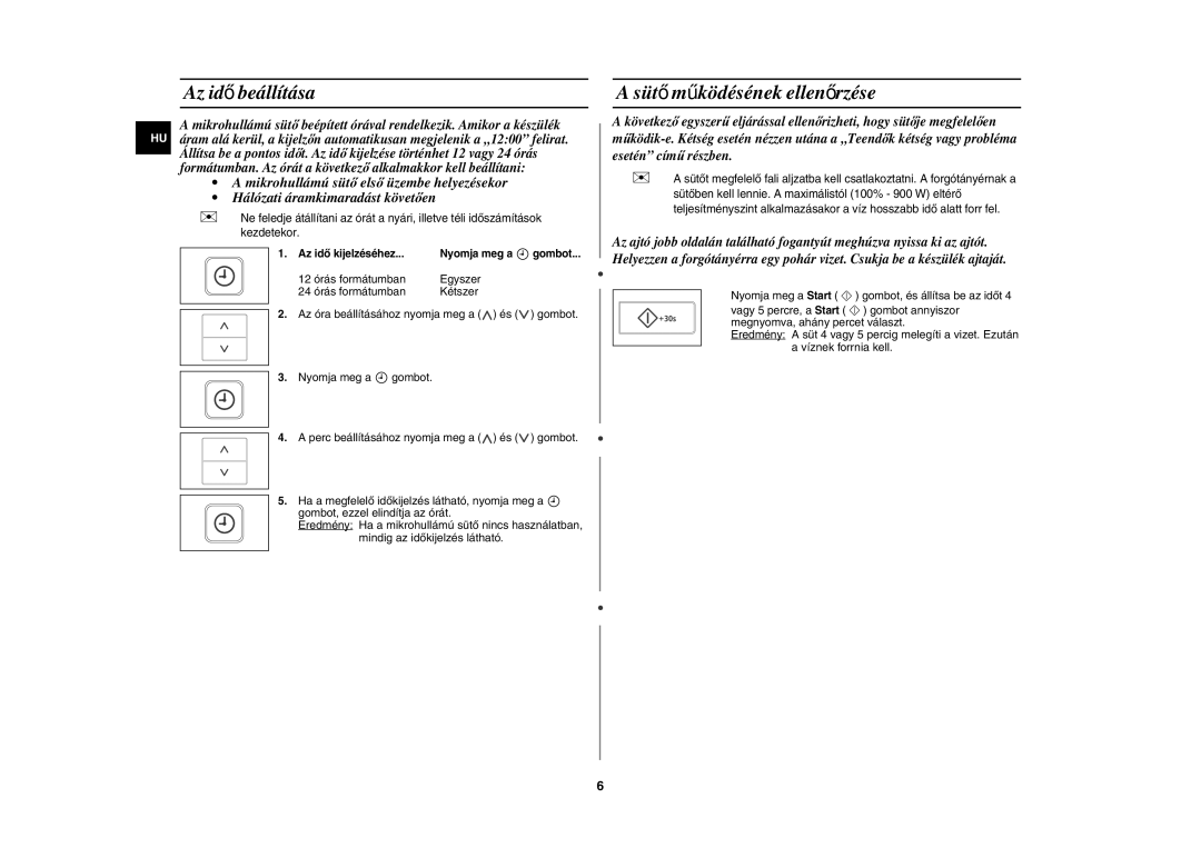 Samsung CE107V/XEH, CE107V-B/XEO manual Az idő beállítása, Sütő működésének ellenőrzése 