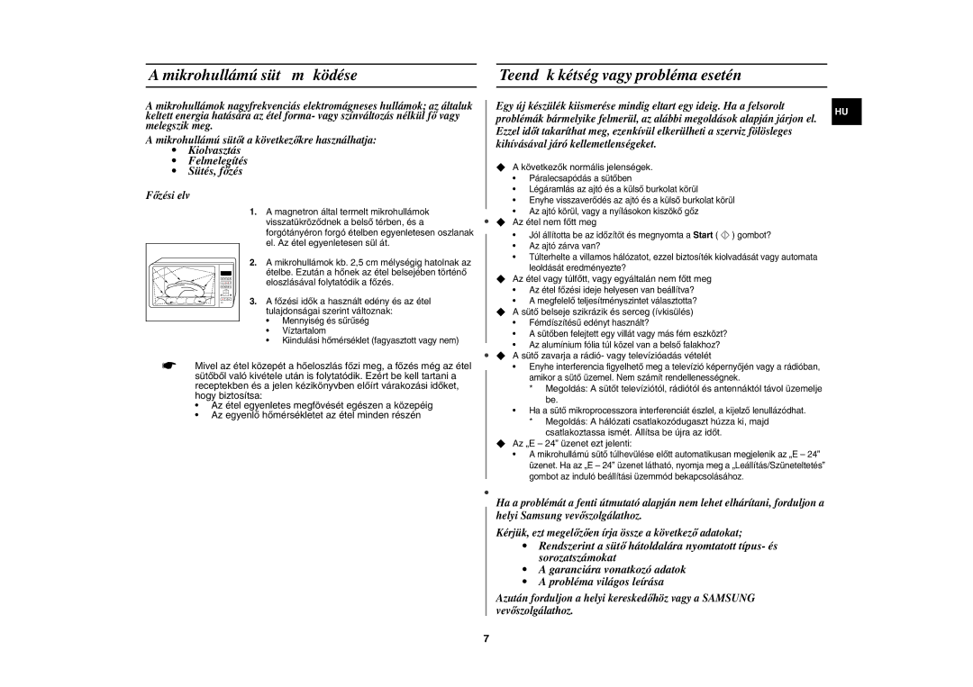 Samsung CE107V-B/XEO, CE107V/XEH manual Mikrohullámú sütő működése, Teendők kétség vagy probléma esetén 