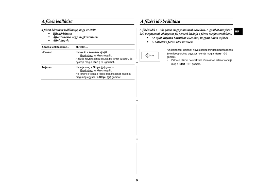 Samsung CE107V-B/XEO, CE107V/XEH manual Főzés leállítása, Főzési idő beállítása, Főzés leállításához Művelet… 