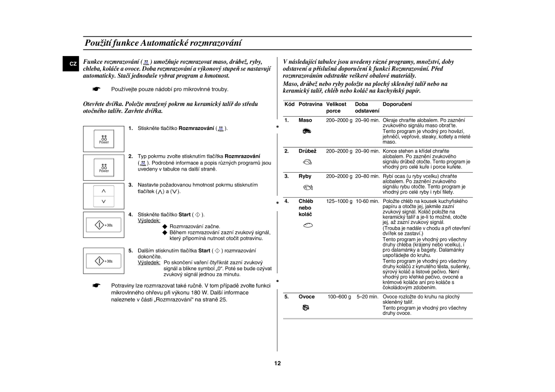 Samsung CE107V/XEH manual Použití funkce Automatické rozmrazování 