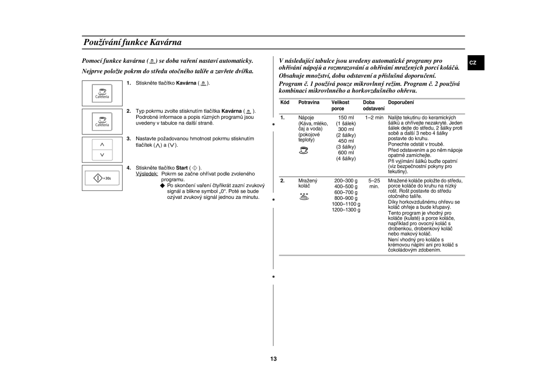 Samsung CE107V/XEH manual Používání funkce Kavárna, Kód Potravina Velikost Doba Doporučení Porce Odstavení 