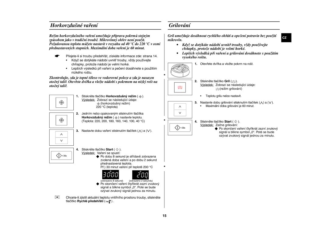 Samsung CE107V/XEH manual Horkovzdušné vaření, Grilování 