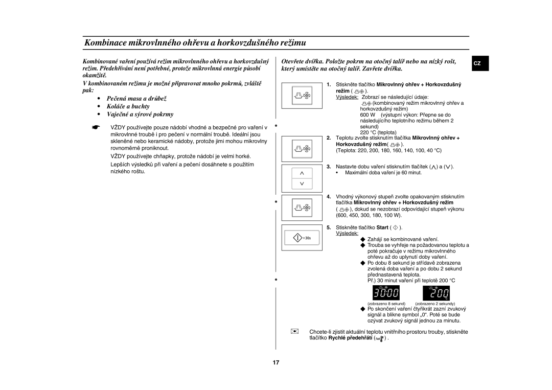 Samsung CE107V/XEH manual Kombinace mikrovlnného ohřevu a horkovzdušného režimu, Horkovzdušný režim 