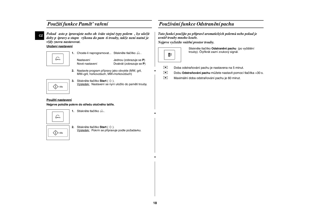 Samsung CE107V/XEH manual Použití funkce Pamět’ vaření, Používání funkce Odstranění pachu, Uložení nastavení 