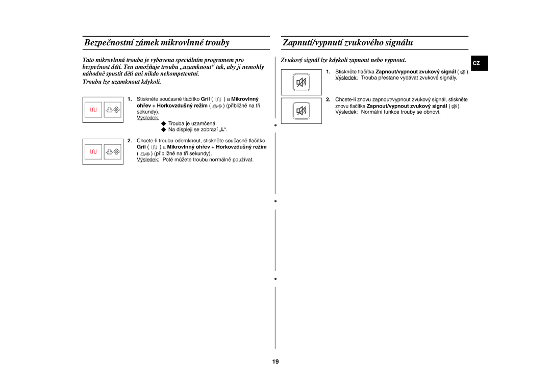 Samsung CE107V/XEH manual Bezpečnostní zámek mikrovlnné trouby, Zapnutí/vypnutí zvukového signálu 