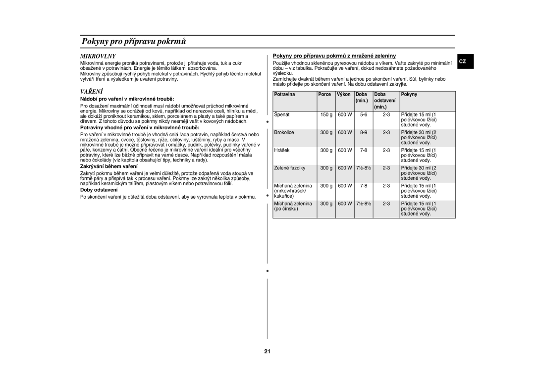 Samsung CE107V/XEH manual Pokyny pro přípravu pokrmů, Mikrovlny, Vaření 