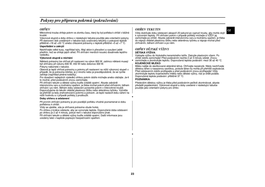 Samsung CE107V/XEH manual Ohřev Tekutin, Ohřev Dětské Výživy 