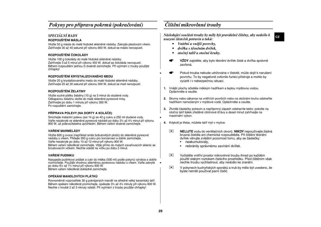 Samsung CE107V/XEH manual Čištění mikrovlnné trouby, Speciální Rady 