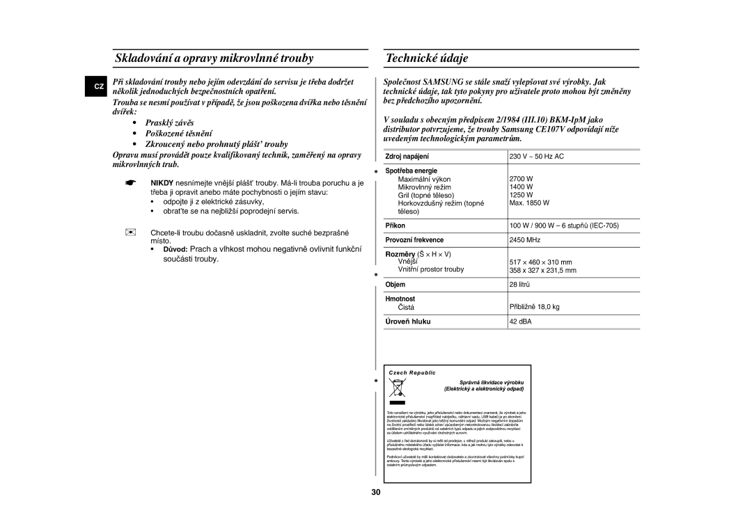 Samsung CE107V/XEH manual Skladování a opravy mikrovlnné trouby, Technické údaje, Úroveň hluku 